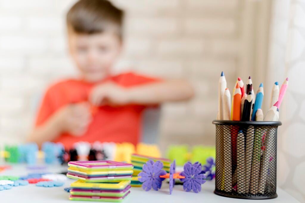 blurred kid with toys indoors